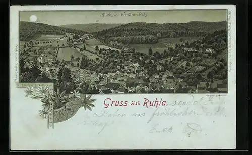 Mondschein-Lithographie Ruhla, Blick von Emilien-Ruh auf die Stadt