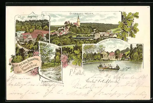 Lithographie Weida /Th., Ortsansicht mit Osterburg, Aumühle, Aumathal