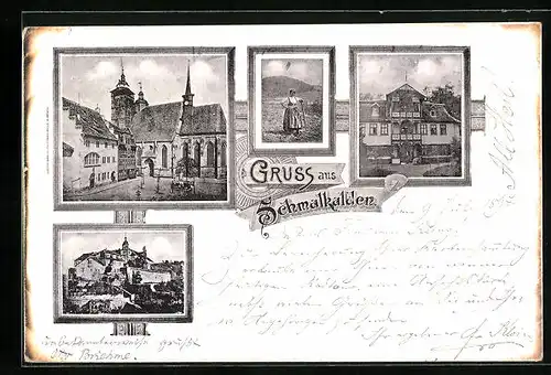 Passepartout-AK Schmalkalden, Kirche, Ortsansicht, Frau im Dirndl