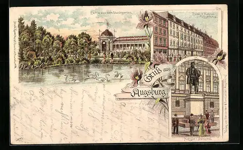 Lithographie Augsburg, Partoe aus dem Stadtgarten, Hotel 3 Mohren mit Fuggerhaus