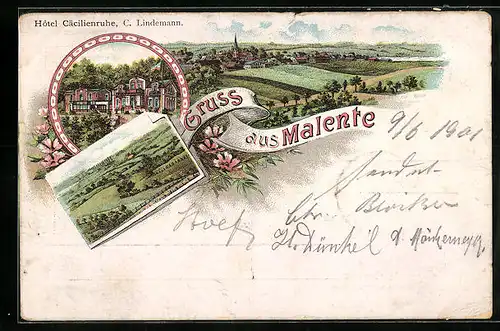 Lithographie Malente, Ortsansicht mit Umgebung, Hotel Cäcilienruhe