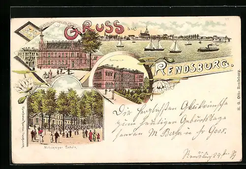 Lithographie Rendsburg, Panorama vom Wasser aus, Post, Gymnasium und Gaststätte im Nobiskrüger Gehölz