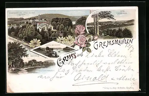 Lithographie Gremsmühlen, Hotel Dieksee, Partie am Dieksee, Blick aus dem Holm