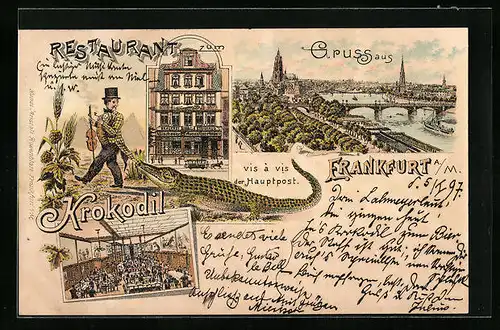 Lithographie Frankfurt a. M., Restaurant zum Krokodil, Geiger mit zuschnappendem Krokodil, Ortsansicht