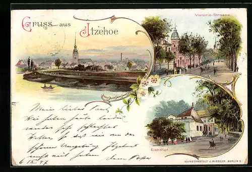 Lithographie Itzehoe, Ortsansicht, Victoria-Strasse und Eichthal