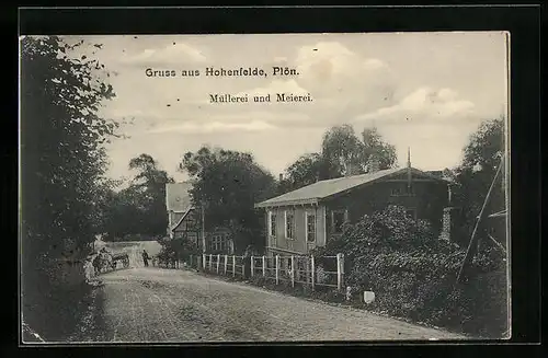 AK Hohenfelde /Kr. Plön, Müllerei und Meierei mit Strasse