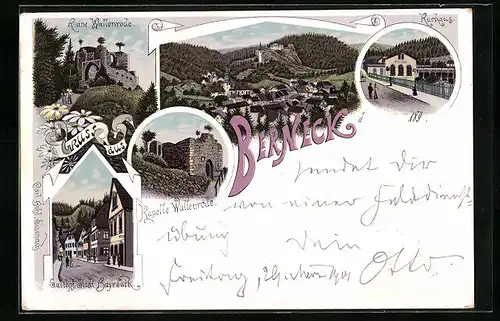 Lithographie Berneck, Ortsansicht, Gasthof Stadt Bayreuth, Kurhaus, Ruine und Kapelle Wallenrode