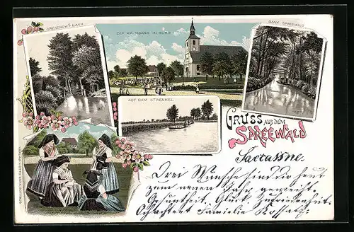 Lithographie Burg /Spreewald, Der Kirchgang, Greschows Bank, Auf dem Strenkel