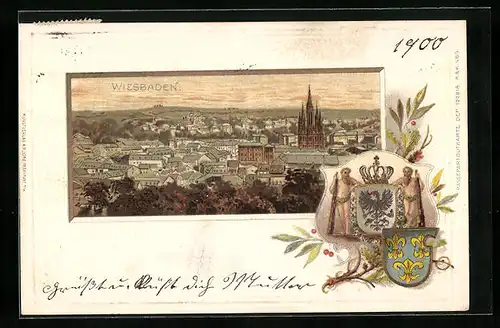 Passepartout-Lithographie Wiesbaden, Teilansicht, Wappen