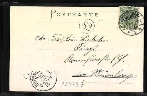 Passepartout-Lithographie Wiesbaden, Teilansicht, Wappen