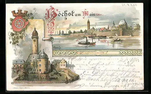 Lithographie Höchst am Main, Uferpartie mit Kirche, Ortspartie mit Turm