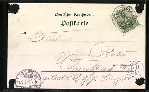 Lithographie Höchst am Main, Uferpartie mit Kirche, Ortspartie mit Turm