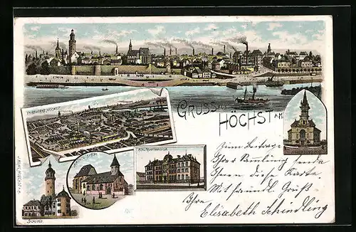 Lithographie Höchst a. M., Farbwerke Höchst, Schloss, Katholische Kirche