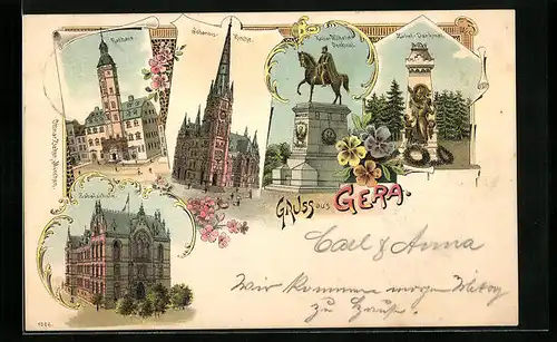 Lithographie Gera, Zabelschule, Rathaus, Zabel-Denkmal