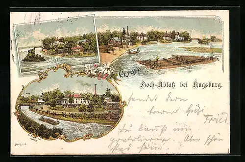 Lithographie Augsburg, Hoch-Ablass mit Floss, Uferpartien