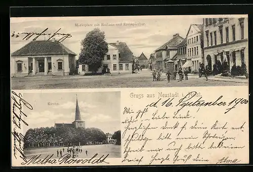 AK Neustadt i. Holst., Marktplatz mit Rathaus und Krempertor, Kirche