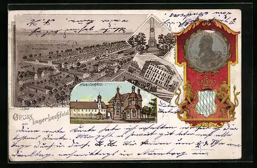 Lithographie Lechfeld, Lager Lechfeld, Kloster Lechfeld, Denkmal