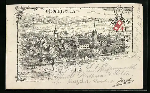 Lithographie Erbach im Odenwald, Teilansicht