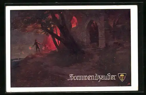 Künstler-AK Franz Jung-Ilsenheim, Deutscher Schulverein Nr. 645: Sonnwendzauber - Feuer hinter einer Burgruine
