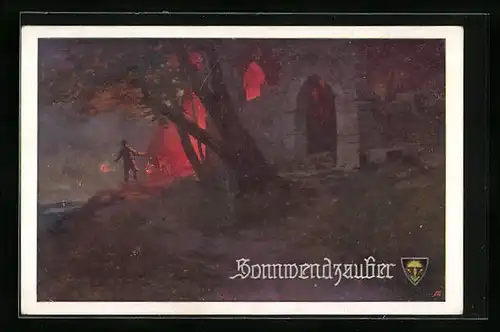 Künstler-AK Franz Jung-Ilsenheim, Deutscher Schulverein Nr. 645: Sonnwendzauber - Feuer hinter einer Ruine