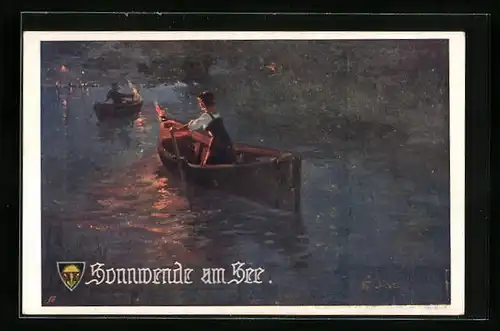 Künstler-AK Franz Jung-Ilsenheim, Deutscher Schulverein Nr. 644: Sonnwende am See - Bootspartie mit Fackeln