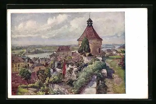 Künstler-AK Hans Götzinger, Deutscher Schulverein Nr. 1374: Mauthausen a. D., Ortsansicht aus der Vogelschau