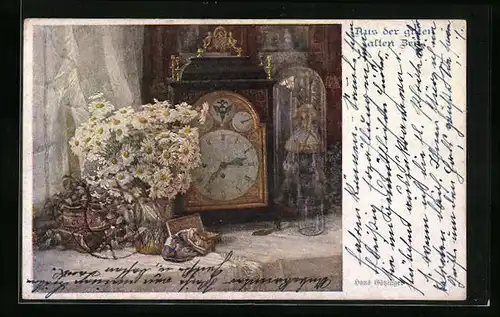 Künstler-AK Hans Götzinger, Deutscher Schulverein Nr. 955: Stilleben mit Tischuhr und Blumenstrauss