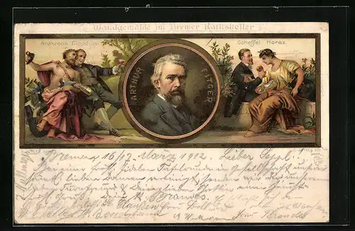 Lithographie Bremen, Wandgemälde Ratskeller mit Dichtern der Antike, Portrait Arthur Fitger