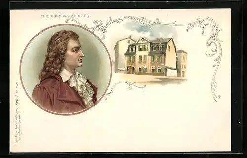 Lithographie Portrait und Haus Friedrich von Schiller