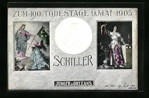 Künstler-AK Portrait Schiller, Szenen aus Die Jungfrau von Orleans, Karte zum Todestag 1905