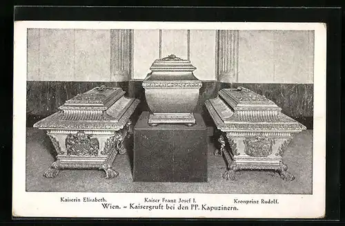 AK Wien, Kaisergruft bei den Kapuzinern mit Särgen von Kaiserin Elisabeth, Kaiser Franz Josef I. und Kronprinz Rudolf