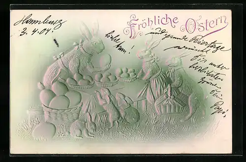 Präge-Airbrush-AK Osterhasenfamilie mit Ostereiern