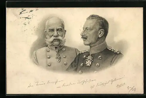 Künstler-AK Portraits von Kaiser Franz Josef I. von Österreich und Kaiser Wilhelm II. von Deutschland