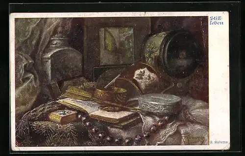 Künstler-AK Franz Kuderna, Deutscher Schulverein Nr. 857: Stilleben mit Perlenkette