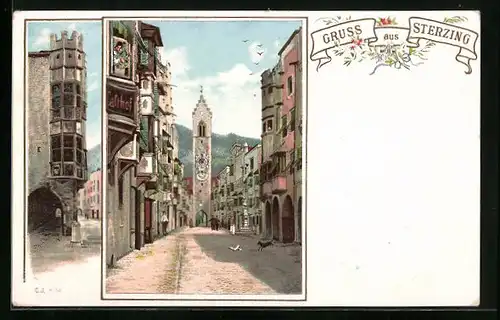 Lithographie Sterzing, Strassenpartie mit Torbogen