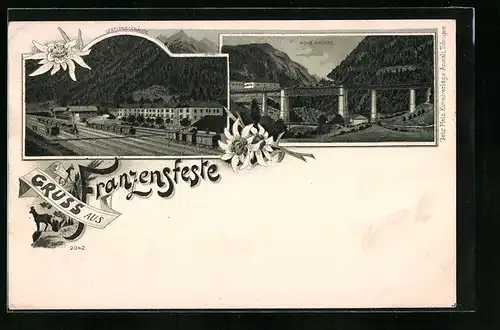 Lithographie Franzensfeste, Stationsgebäude mit Hohe Brücke