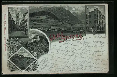 Mondschein-Lithographie Sterzing, Strasse mit Rathaus und Schloss Reifenstein