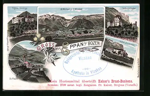 Lithographie Eppan b. Bozen, St. Michael m. Mendel, Schloss Englar