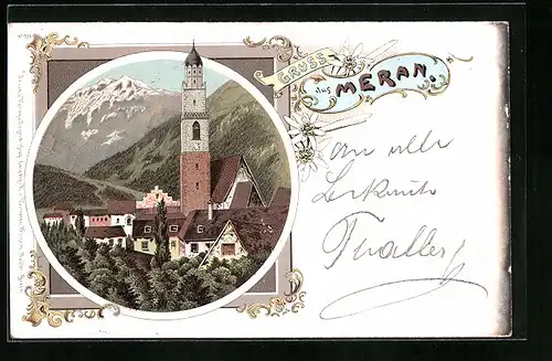 Lithographie Meran, Gemeindekirche mit Blick auf die Dächer der Stadt