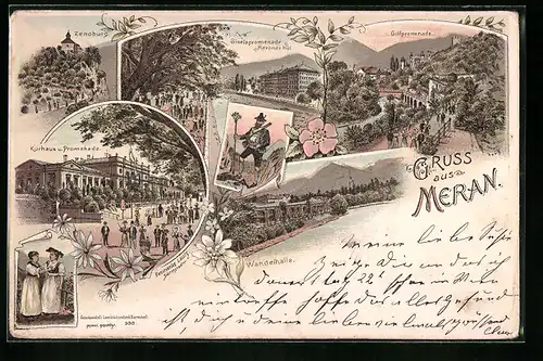 Lithographie Meran, Zenoburg, Kurhaus und Promenade, Giselapromenade mit Hotel Meraner Hof, Wandelhalle