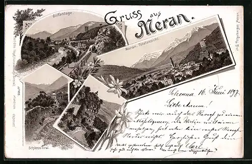 Lithographie Meran, Gilfanlage, Schloss Tirol, Zenoburg, Totalansicht