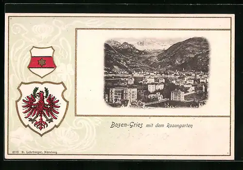 Lithographie Bozen-Gries, Totalansicht mit dem Rosengarten, Wappen