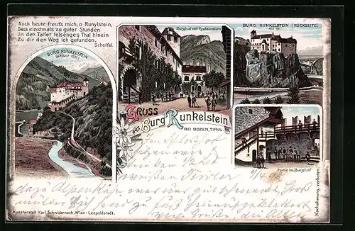 Lithographie Bozen, Burg Runkelstein, Burghof mit Restaurant