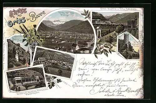 Lithographie Bozen, Gries mit Rosengarten, Hotel Austria und Villa Habsburg, Gescheibter Turm, Wandelhalle