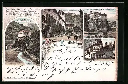 Lithographie Bozen, Burg Runkelstein, Burghof mit Restaurant
