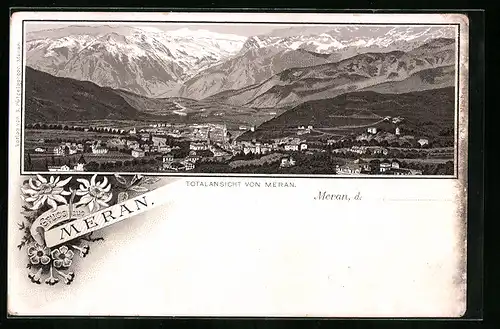 Lithographie Meran, Totalansicht mit Gebirgspanorama