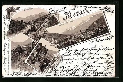 Lithographie Meran, Gilfanlage, Zenoburg, Schloss Tirol, Totalansicht