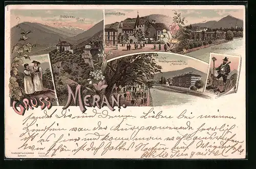 Lithographie Meran, Schloss Tirol, Landesfürstl. Burg, Wandelhalle, Giselapromenade mit Hotel Meraner Hof