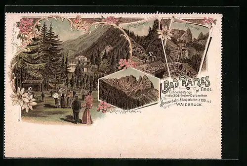 Lithographie Seis am Schlern, Hotel Bad Ratzes, Scheuefeldquelle und Eisenquelle, Dolomiten