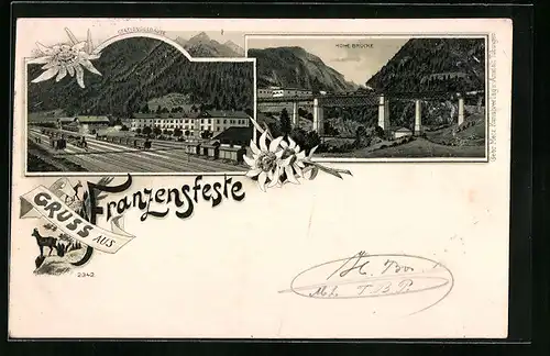 Lithographie Franzensfeste, Bahnhofgebäude und hohe Brücke